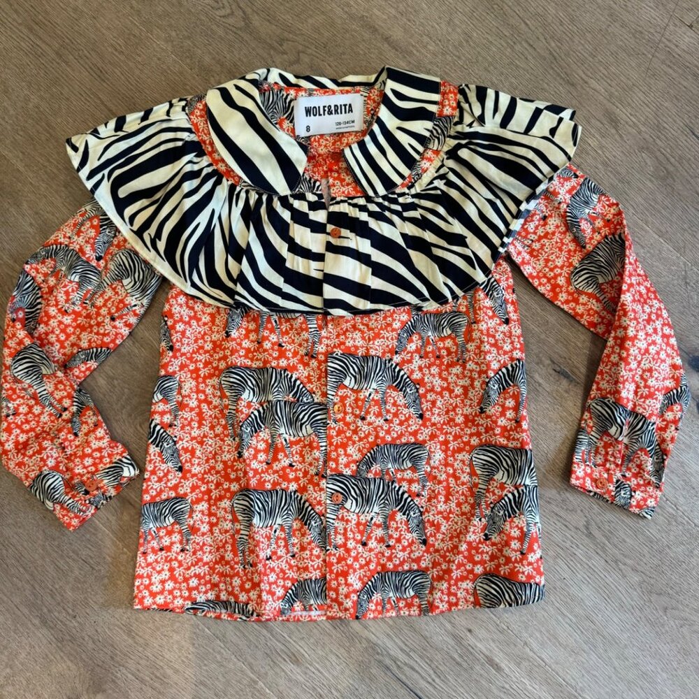 Wolf&Rita Girls Button-Up Blouse Zebra & Floral Print Ruffled Collar Long-Sleeve